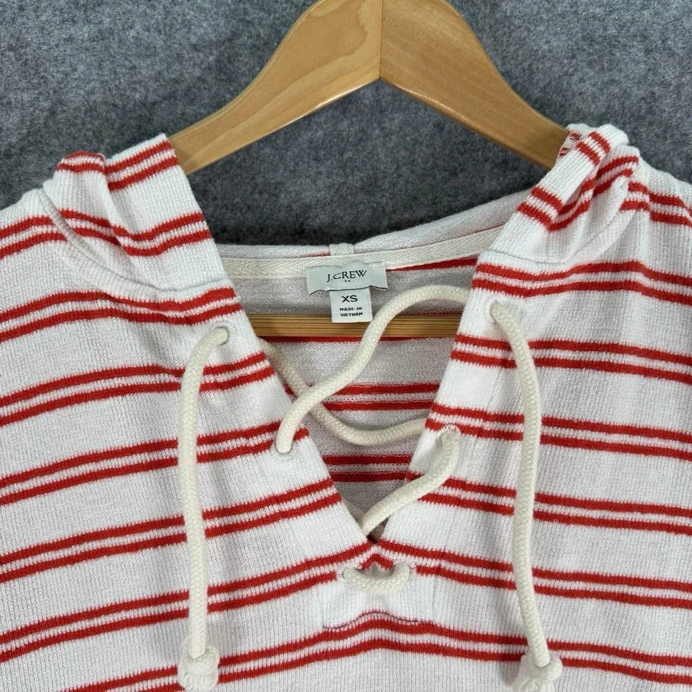 J Crew Sweater Womens XS Long Sleeve Terry Cloth Red Stripe Nautical Preppy Hood